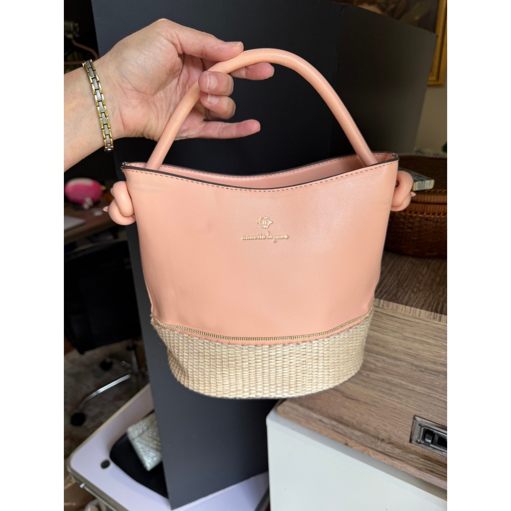 Nanette Lepore Blush Pink Woven Straw Bucket Handbag Knotted Sides